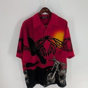 Dragonfly Bike Graphic‎ Print Short Sleeve Classic Button Up Shirt Red Size XL